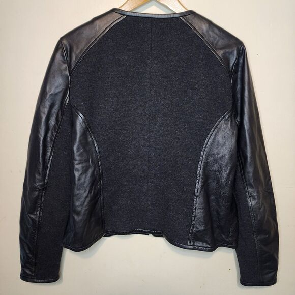 Eileen Fisher Jacket Black Leather Wool Womens Medium Silk Lined Full Zip - Picture 12 of 16